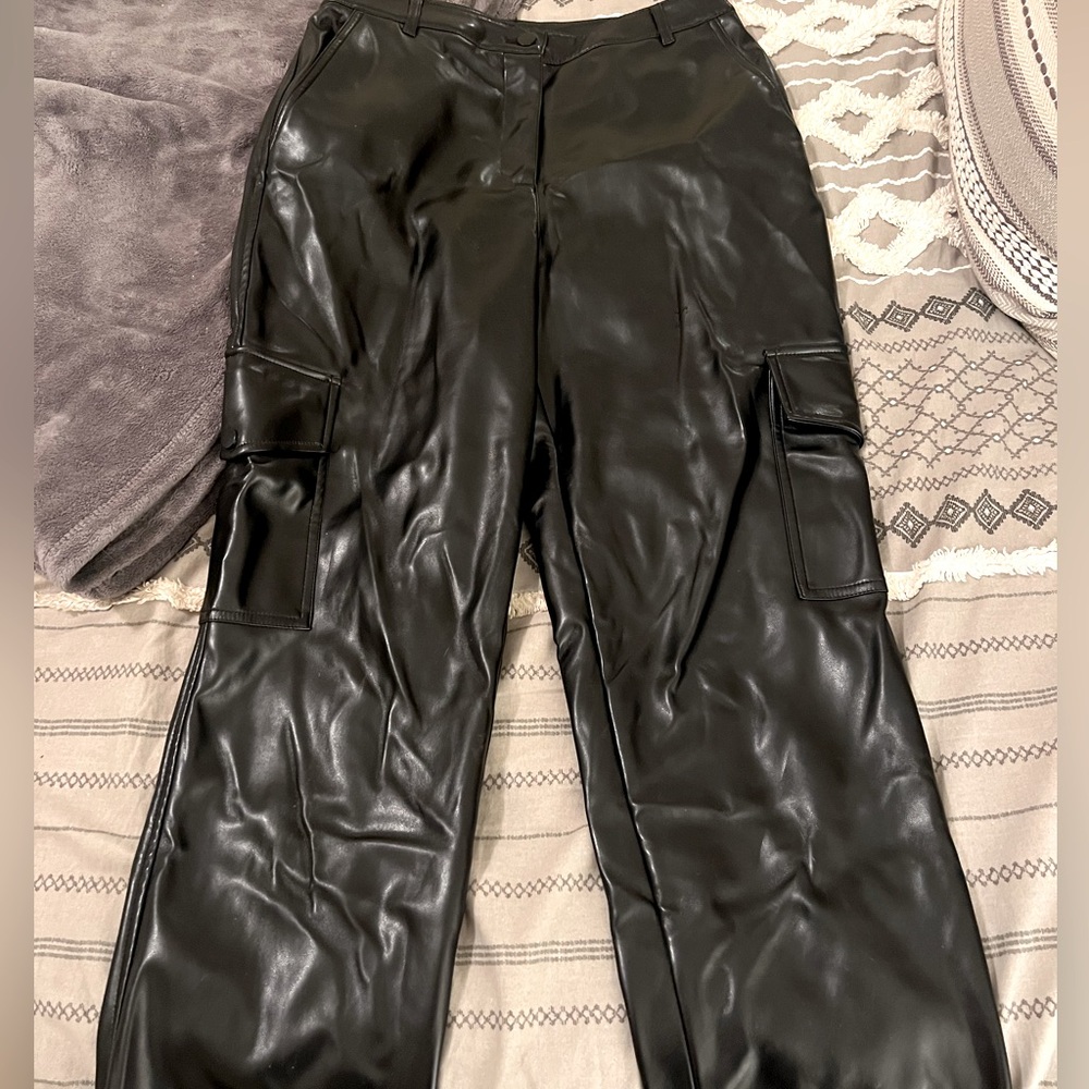 Black Faux Leather Cargo Pants